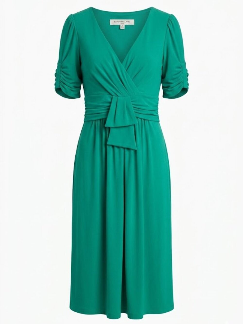 Emerald Green V-Neck Ruched Midi Dress Size 8 Short Sleeve Cocktail Party Chic